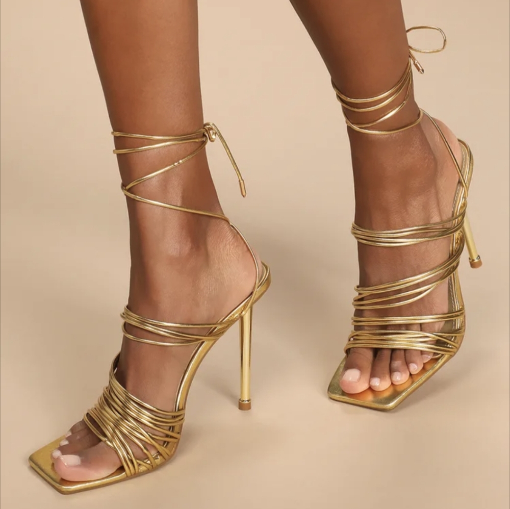 Cobb Strappy Lace Up Square Toe Metallic Heel In Gold Faux Leather